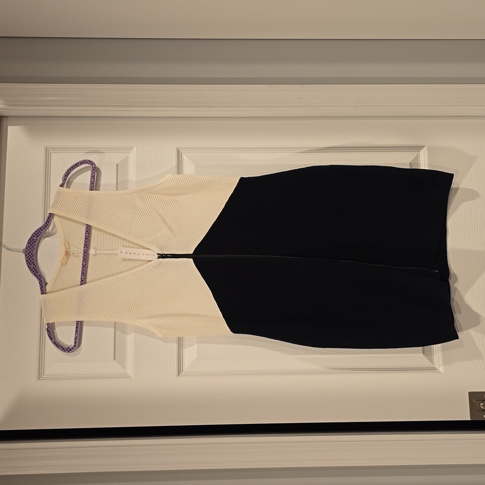 Trina Turk Sleeveless Knit Zip Up Dress, Ivory and Black, Sz L - Picture 1 of 3
